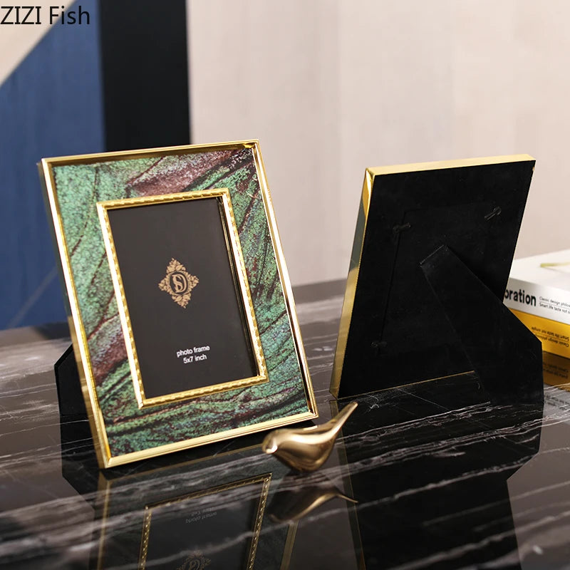 Metal Photo Frame Metal Green Marbling Desktop Photo Display Picture Frame Storage Organization Modern Home Decoration Picture