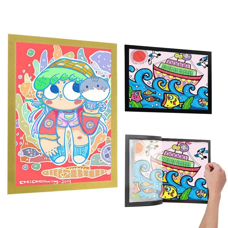 2pcs Magnetic Children Art Frames Sign Holder A3 A4 Front-Opening Diamond Art Picture Frame Self-adhesive Kids Art Display Frame