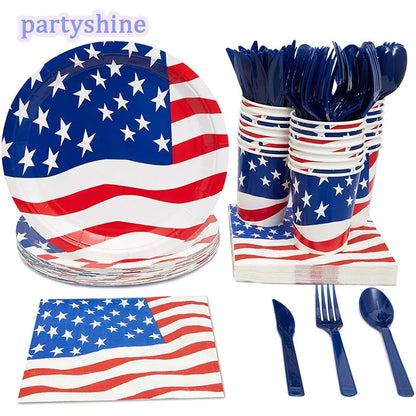 Independence Day Party Disposable Cutlery American Flag Plate Paper Cup For USA Birthday Party Supplies Patriotic Decorations